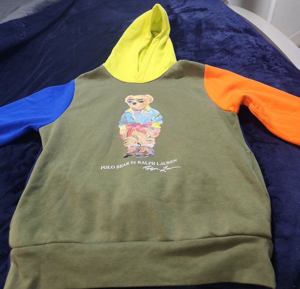 Polo by Ralph Lauren Olive Colorblock Polo Bear Hoodie with Neon Yellow Hood
